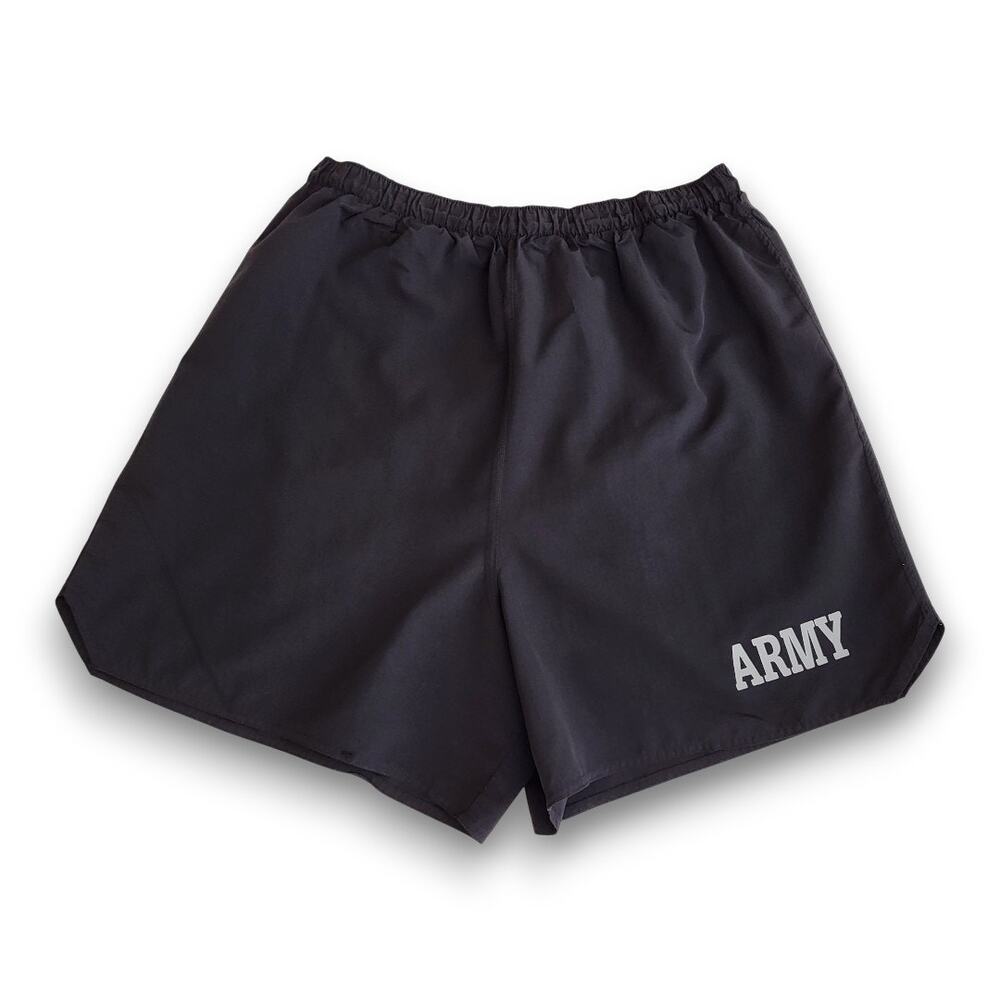 US Army PT Shorts Large Black Old Style Reflective Logo Nylon Lined